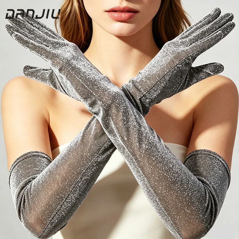 52cm Women Glitter Mesh Long Opera Gloves Evening Bridal Wedding Prom Party Banquet Stage Performance Nightclub Princess Style