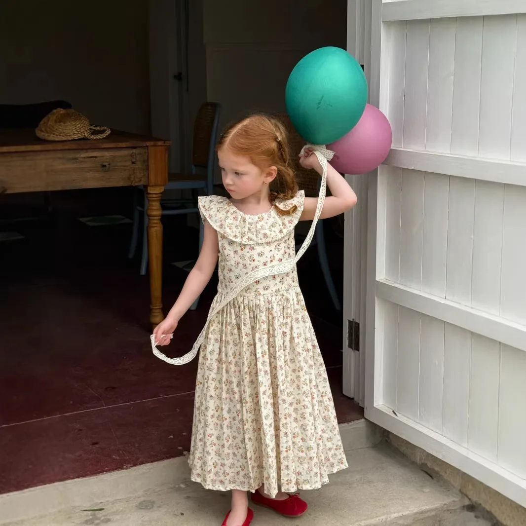 

Girls Floral Dress Forest Style 2026 Summer New Korean Girls Retro Pleated Turn-down Collar Long Dress