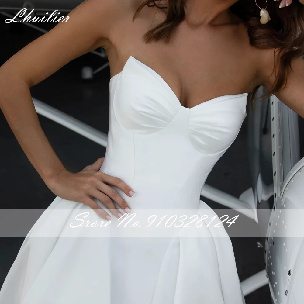 Lhuilier مخصص ألف خط فساتين الزفاف الساتان حمالة فساتين الزفاف بلا أكمام مع قطار مصلى