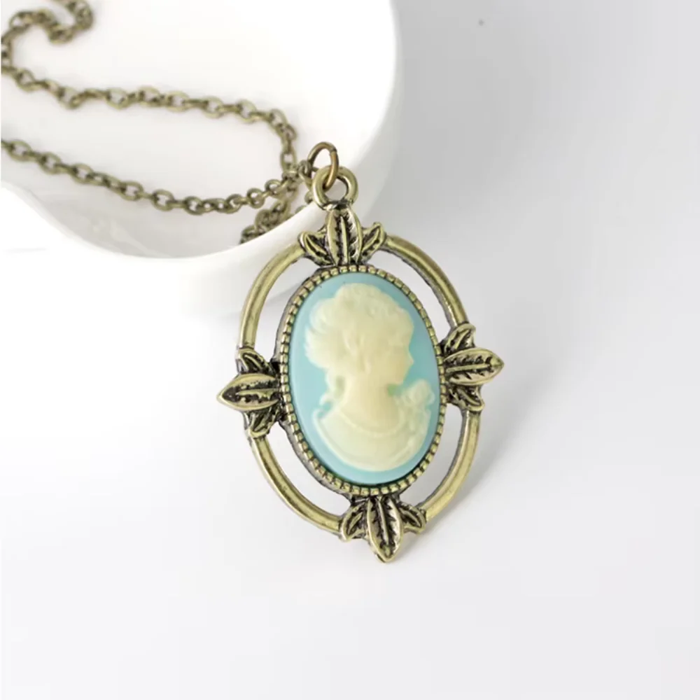 New Vintage Style Bronze Light Blue Cameo Necklace The Vampire Diaries Katherine Beauty Head Pendant Necklace for Women