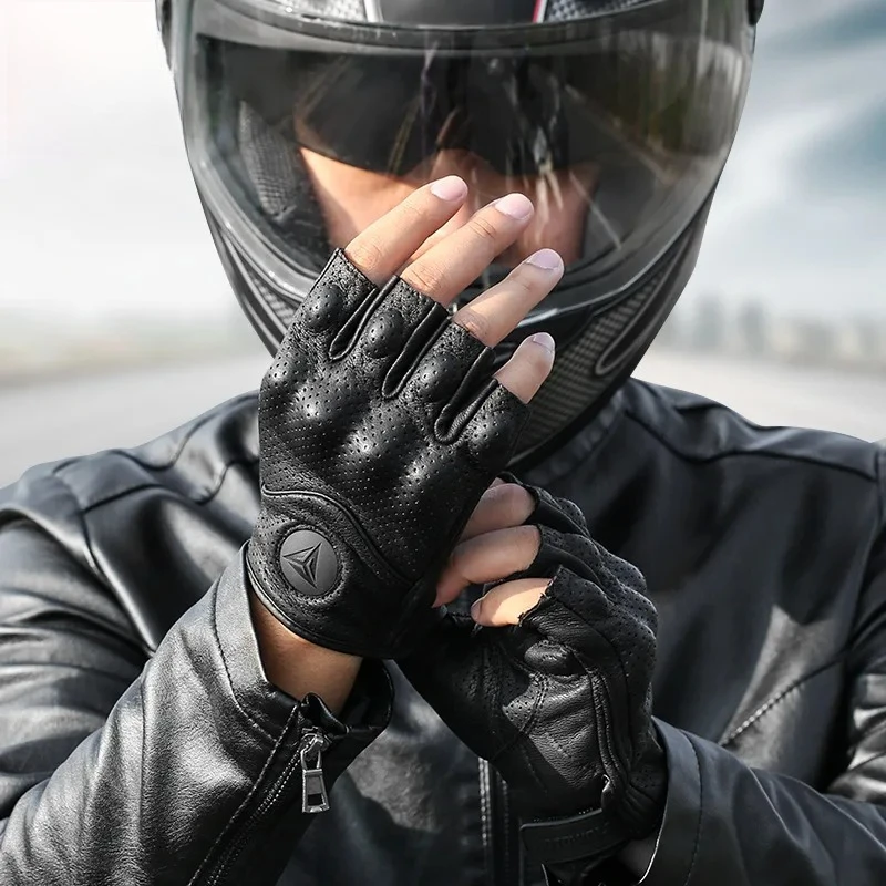 

Retro Motorcycle Half Finger Gloves Summer Fingerless Biker Short Gloves Sweat-Absorbing Breathable Leather Moto Gloves