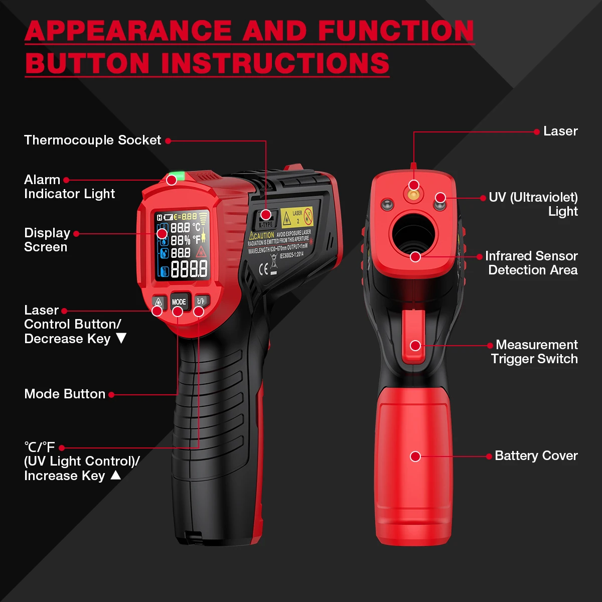 HABOTEST HT651D Infrared Thermometer Laser Temperature Meter -50-800℃ Non-contact Industrial Infrared Laser Temperature Meter