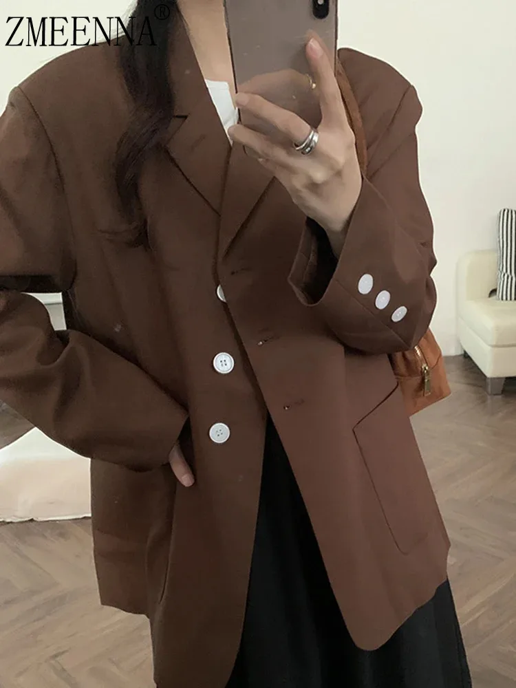 ZMEENNA Brown Buckle Pockets Casual Blazer Women New Lapel Long Sleeve Loose Fit Jacket Fashion Tide Spring Autumn 2024 30A2296