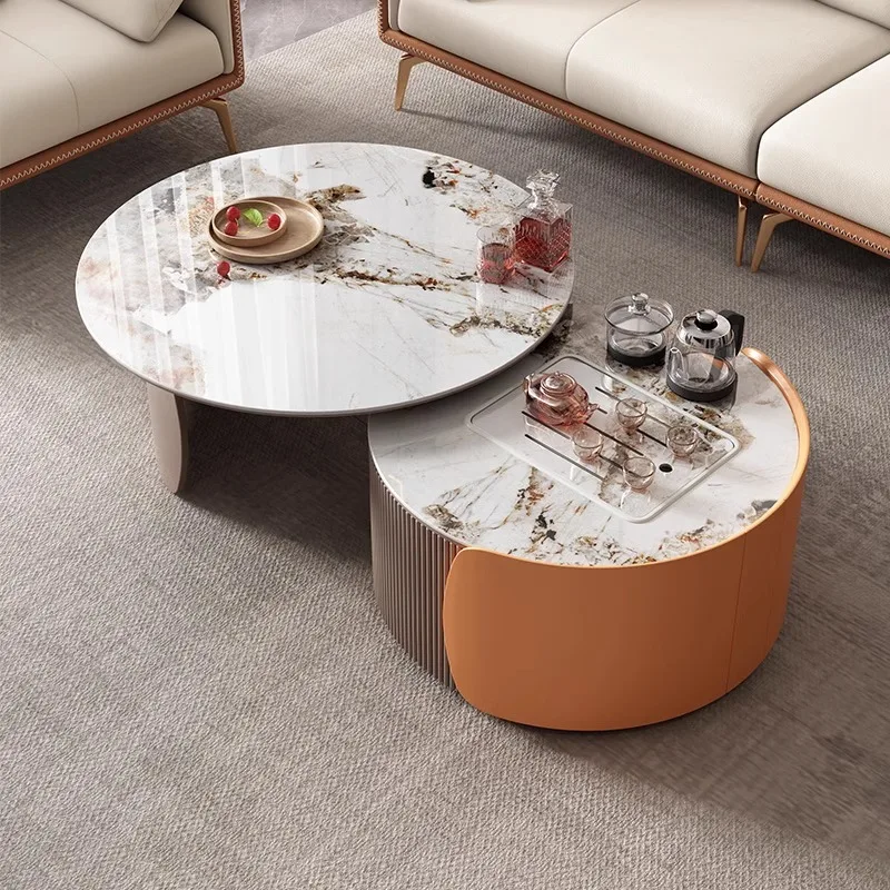 living room household simple modern high-end small apartment light luxury retractable size round tea table combination