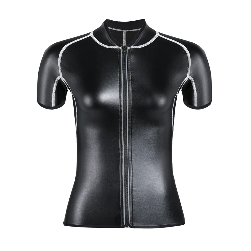 Waist Trainer Corsets Zipper Shirts Tops Women Body Shaper Stand Collar Leather Slim Jacket White line Splice Short Sleeve Shirt