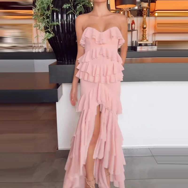 

Elegant Strapless Hight Waist Slim Gowns Dress Sexy Sleeveless Backless Solid Long Dress Fashion Ruffle Design Split Women Dress