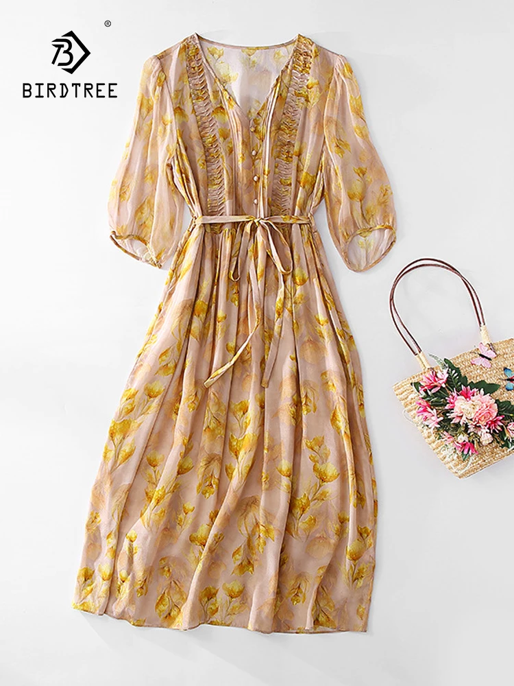 

BirdTree, 100%Real Silk Elegant Dresses, Women Half Sleeve Printed Lace-up, French OL Commute Dress, 2024 Summer New D44923QC