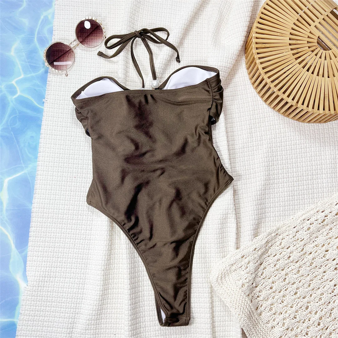 Neuer Cut-Out-Neckholder-Badeanzug mit Perlen für Damen, einteiliger Badeanzug, femininer, geraffter Monokini mit hohem Beinausschnitt, Badebekleidung, Badeanzug, Modell V7726 – Detail 5
