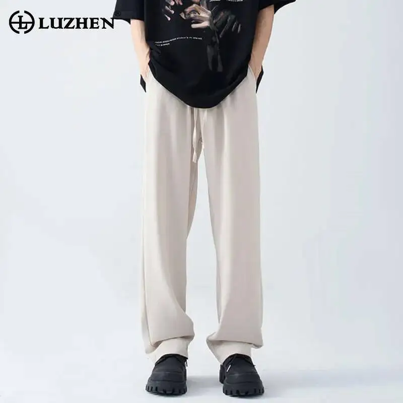 LUZHEN 2026 New Trendy Solid Color Drawstring Elastic Waist Straight Casual Pants Men's High Quality Slim Fit Trousers JY7901