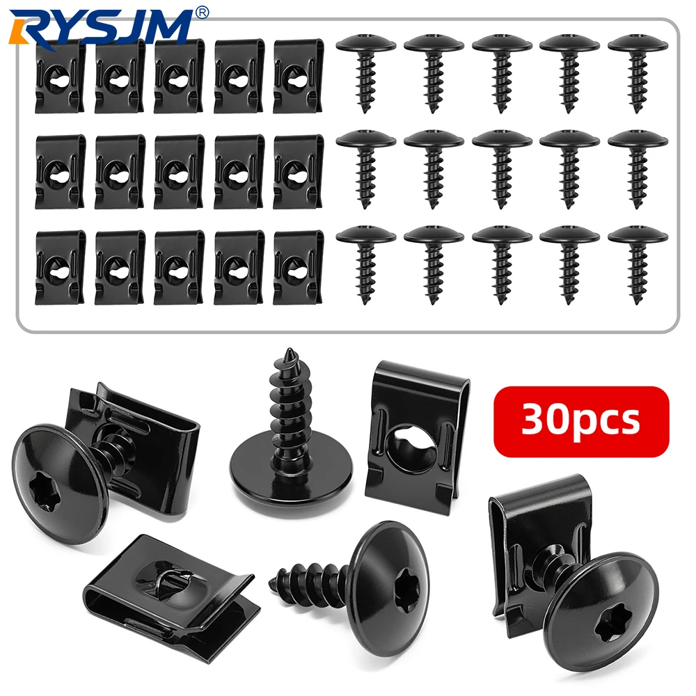 30pcs Car Self-Tapping Screws U-Shaped Metal Spacers & Threaded Clips M5 Screws Auto Body Bumper Chassis Fasteners 15 Set