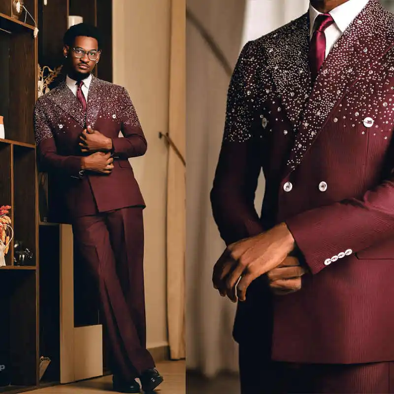 

Luxurious 2 Pieces Men Suits Peaked Lapel Double Breasted Pants Sets Crystal Beads Classic Fit Prom Male Party Wear