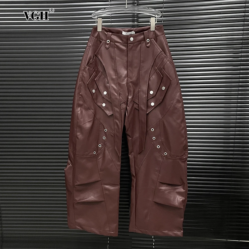 VGH Vintage Solid Spliced Button Loose Leather Pants For Women High Waist Minimalist Casual Design Sense Pant Female Fashion New