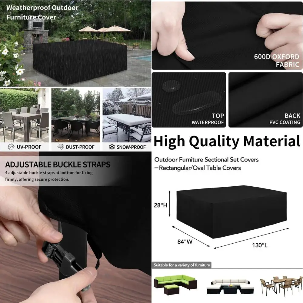 

Водонепроницаемый прямоугольный чехол для мебели для патио, прочный уличный чехол для стола и стульев (130 л x 84 В x 28 часов, черный)