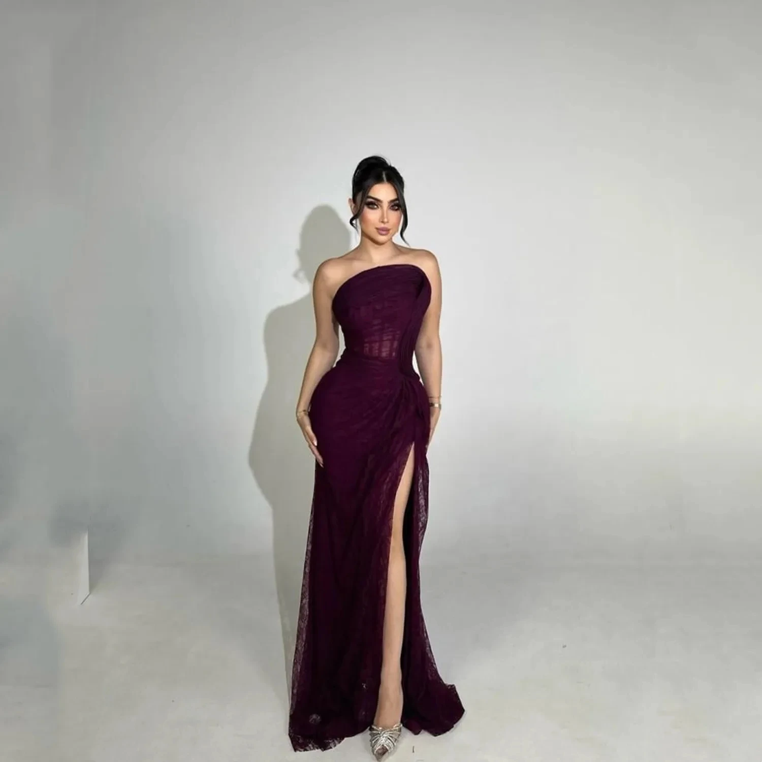 

Purple Lace Slit Long Bespoke Occasion Gown Evening Dresses Pastrol Unisex Jersey Retro Dubai Saudi Arabic Prom Customized