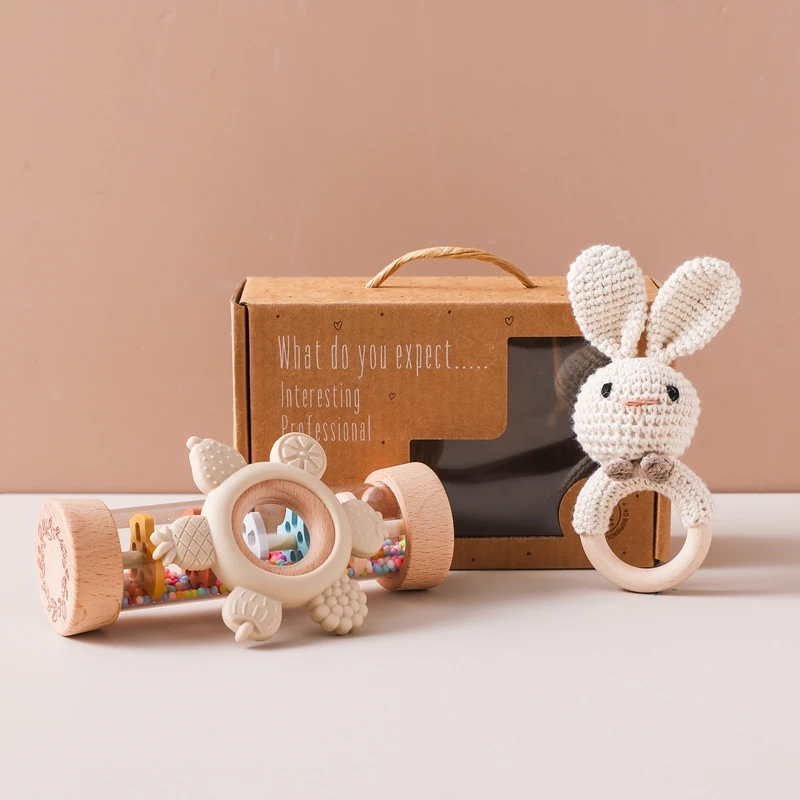 Baby Rattle Set Present Box Crochet Animal Toy Cartoon Flower Teether Rain Tube 0-12 Months Baby Sensory Toy Set Newborns Gifts