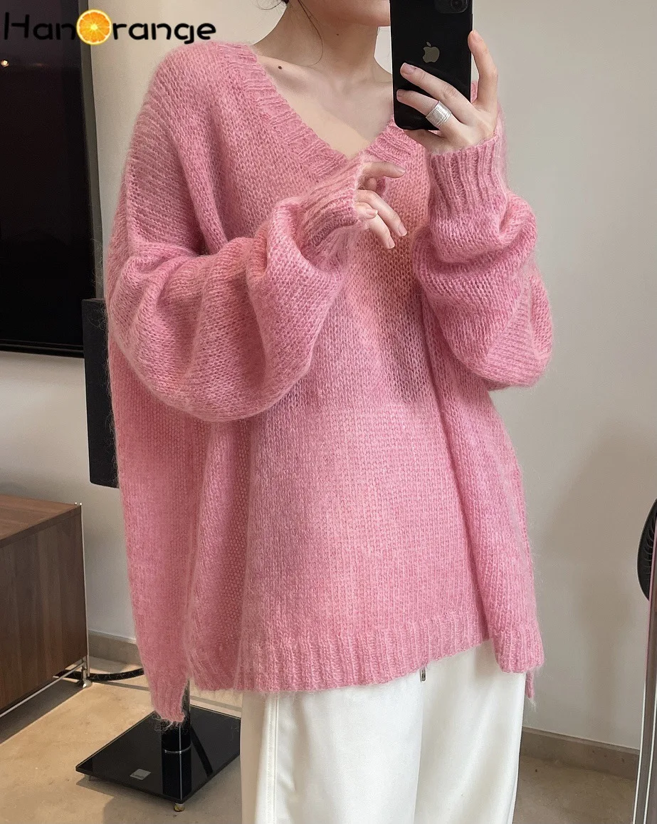 HanOrange Spring 2024 Womens Fashion Wool and Mixes Sweater Lazy V-neck Mohair Knitted Sweater Loose Fluffy Pullover