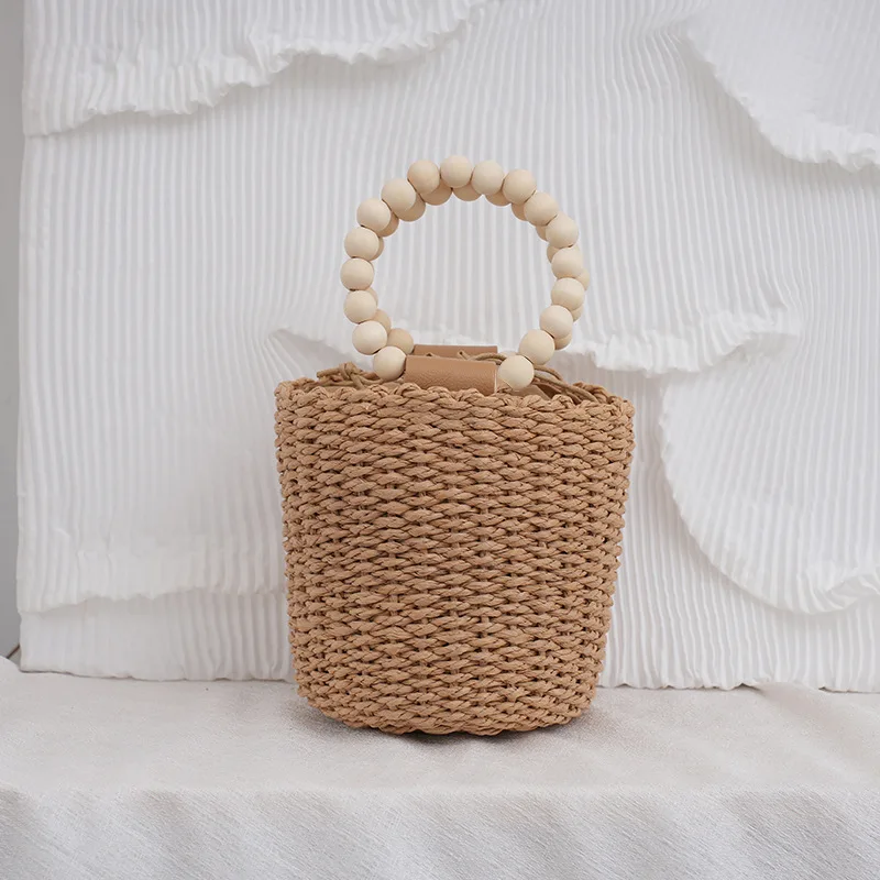 

Fashion Wooden Beading Women Handbags Paper Woven Hand Bags Casual Summer Beach Bucket Bag Bali Small Female Straw Bag