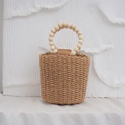 Fashion Wooden Beading Women Handbags Paper Woven Hand Bags Casual Summer Beach Bucket Bag Bali Small Female Straw Bag