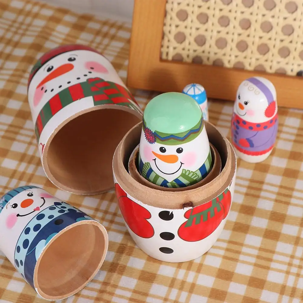 Handicrafts 5Pcs/Set Xmas Matryoshka Doll Smooth craft Snowman Russian Doll Safe Wood Christmas Nesting Dolls Kids