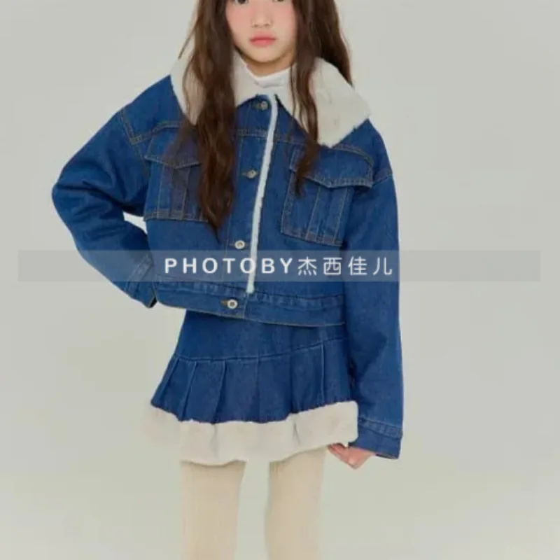 

Children's Korean Velvet Lapel Denim Jacket Autumn and Winter New Men's and Women's Clothing Thickened Warm Cardigan