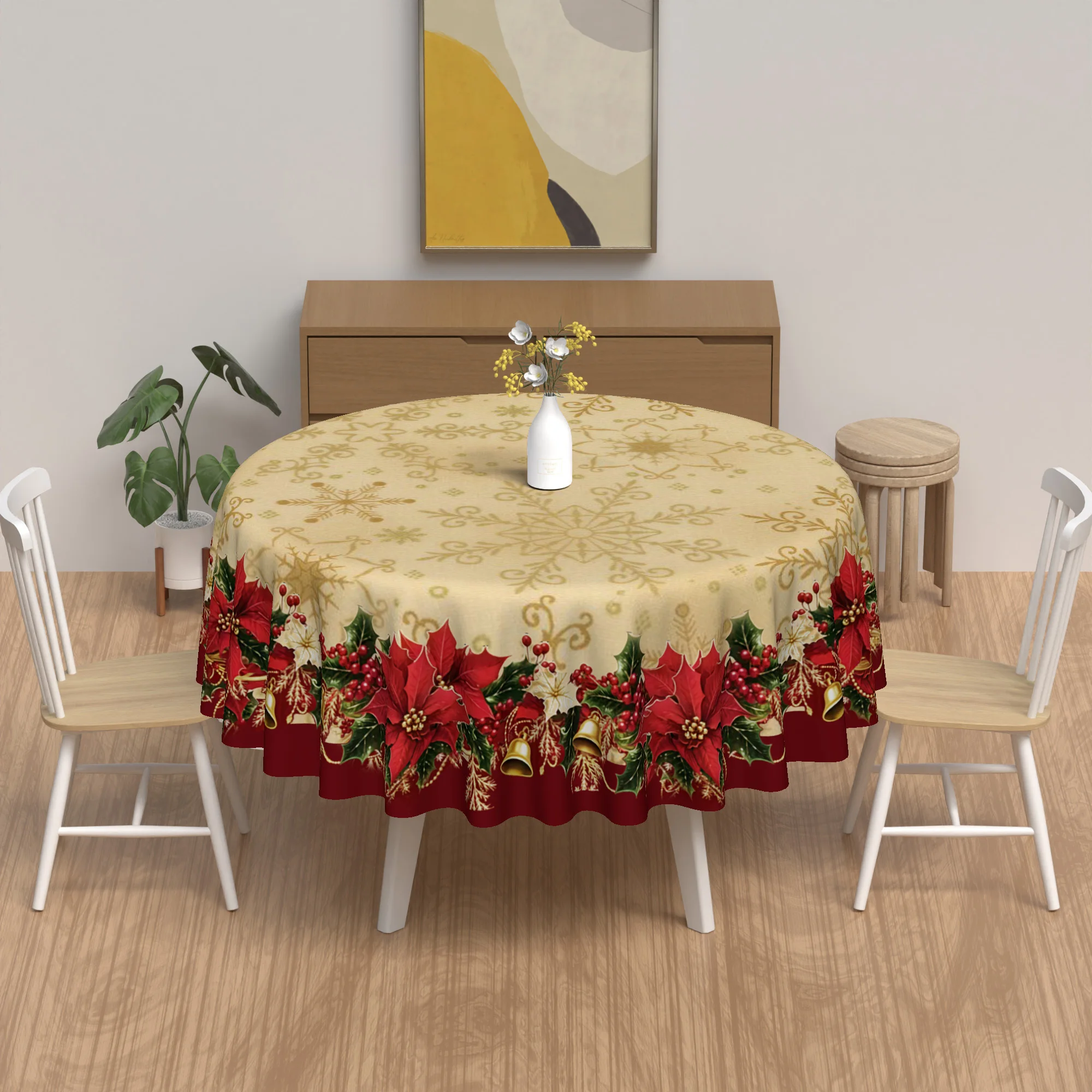 JIT, 1PC Retro Christmas-themed circular tablecloth, featuring red pansies and green holly leaves.zyc