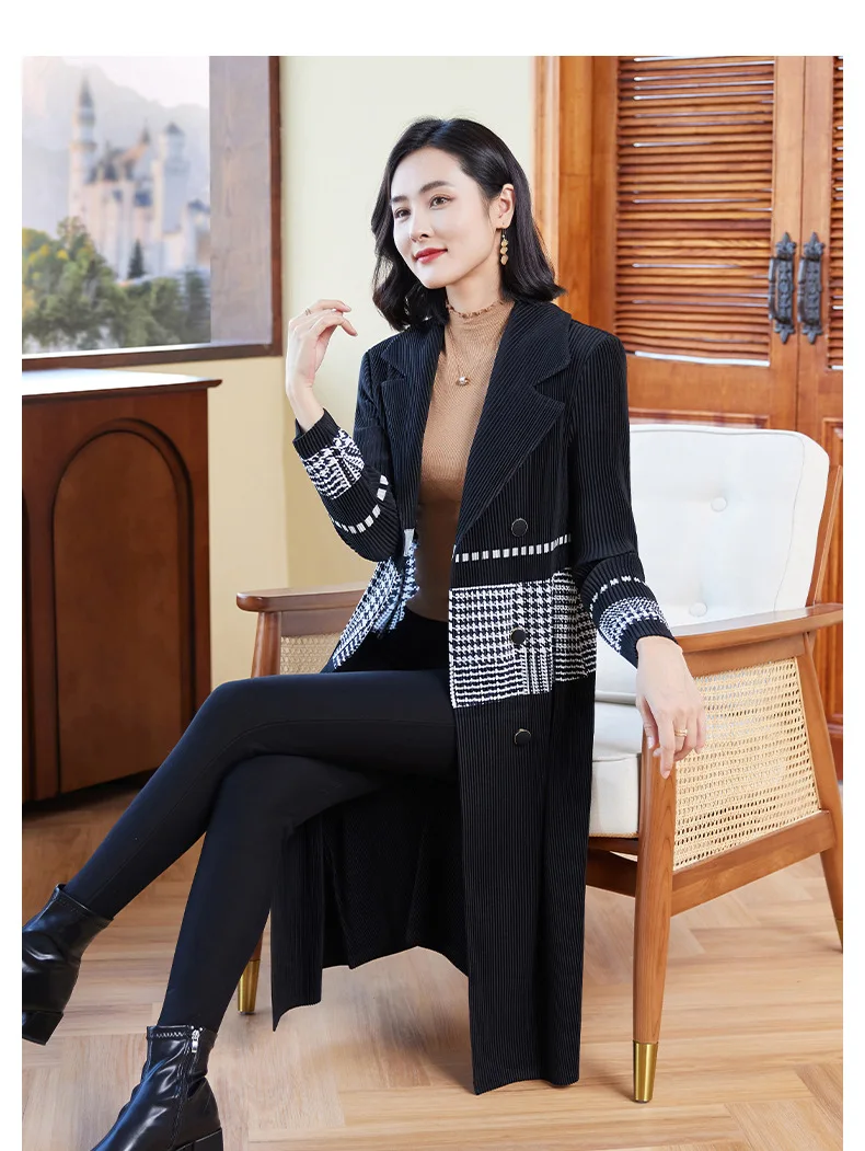 2024 New High Level Black Coat Women's Autumn And Winter Pleated Casual Mid-length Coat Large Size Women's Coat for Women Female