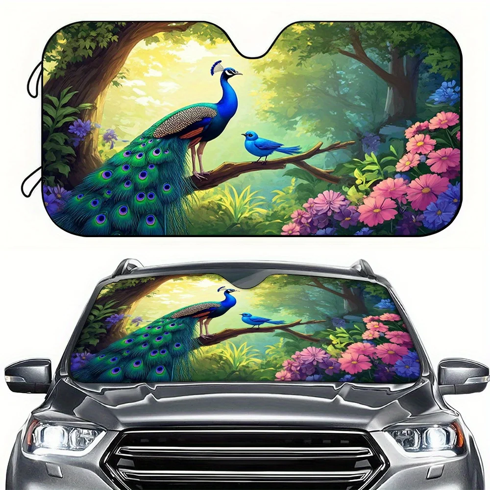 A Car Sunshade Featuring A Peacock And Bluebird On Forest Branches, Designed To Block UV Rays And Reduce Heat, Suitable For Rvs,