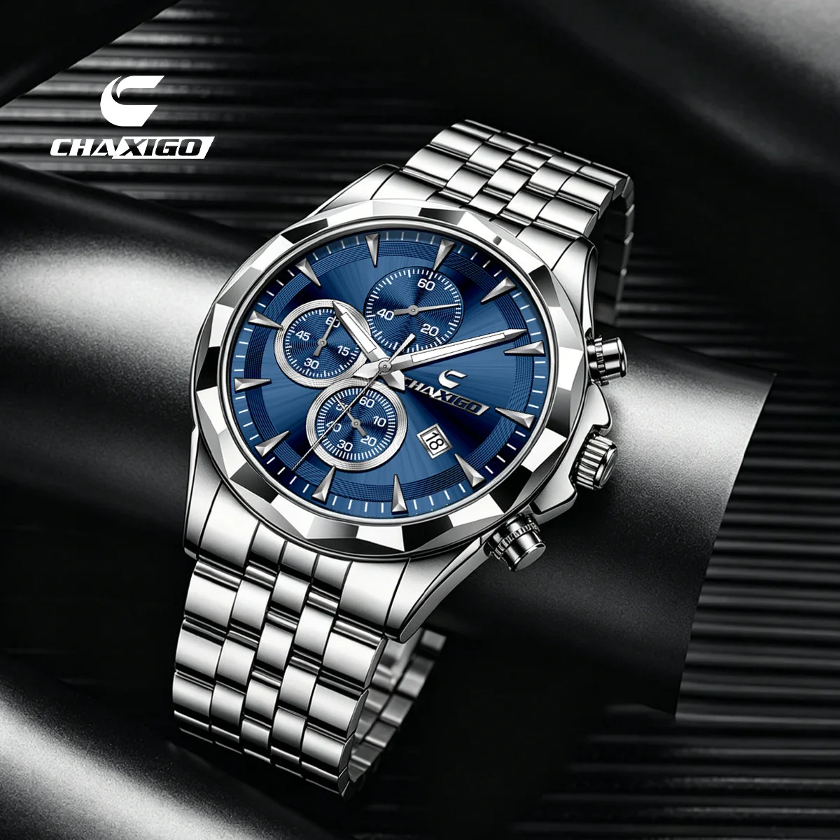 CHAXIGO444 New Trendy Men's Steel Belt Quartz Three Eye Timing Business Watch Night Light Waterproof Watches for Man Reloj