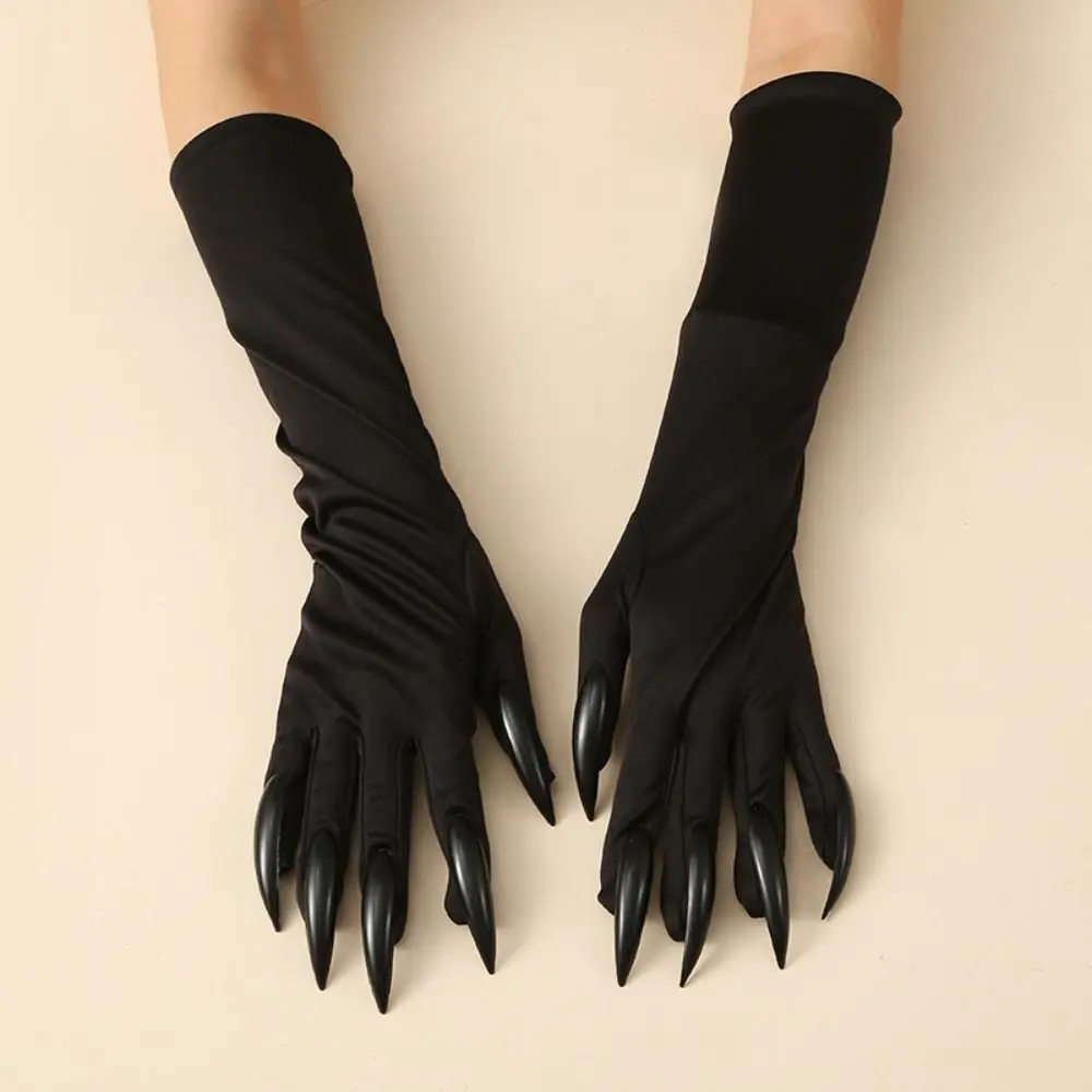 Black Halloween Makeup Black Nail Gloves Elastic Full Finger Ghost Cat Demon Paw Gloves Funny Women Long Mittens Women
