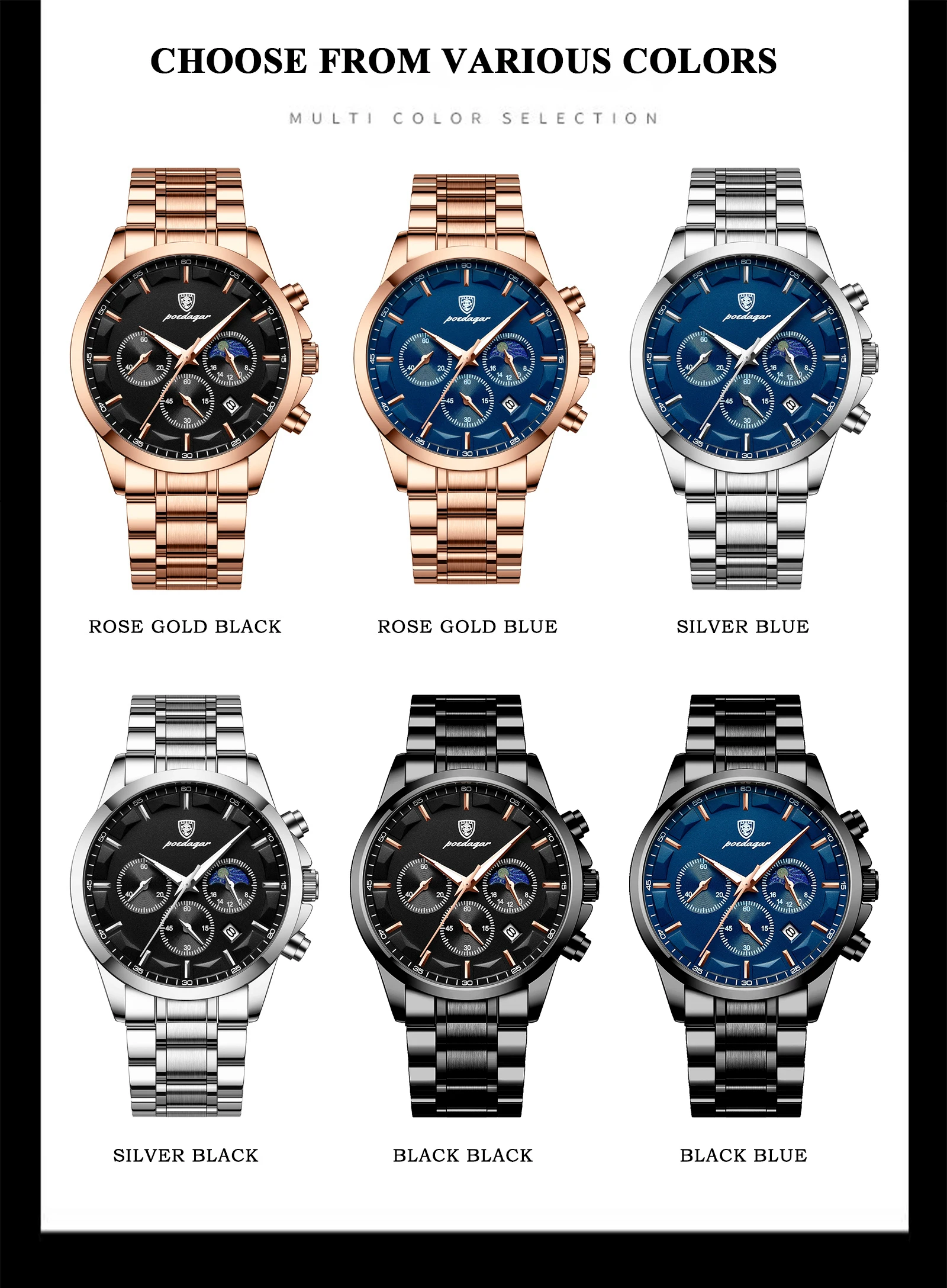 POEDAGAR Top Business Herrenuhren Wasserdicht Leuchtend Edelstahl Mode Herren Armbanduhr Chronograph Datum Herren Quarzuhr – Detail 6