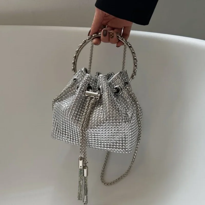 Full Shiny Rhinestone Bucket Bag Fashion Senior Drawstring Banquet Bag Ladies Evening Single Shoulder Chain Bag Crossbody