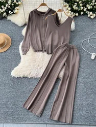 Autumn Korean Casual Knitted 3 Piece Sets Women Retro Hoodies Coat + Solid Vest + Wide Leg Pants New Design Vintage Suits 2024