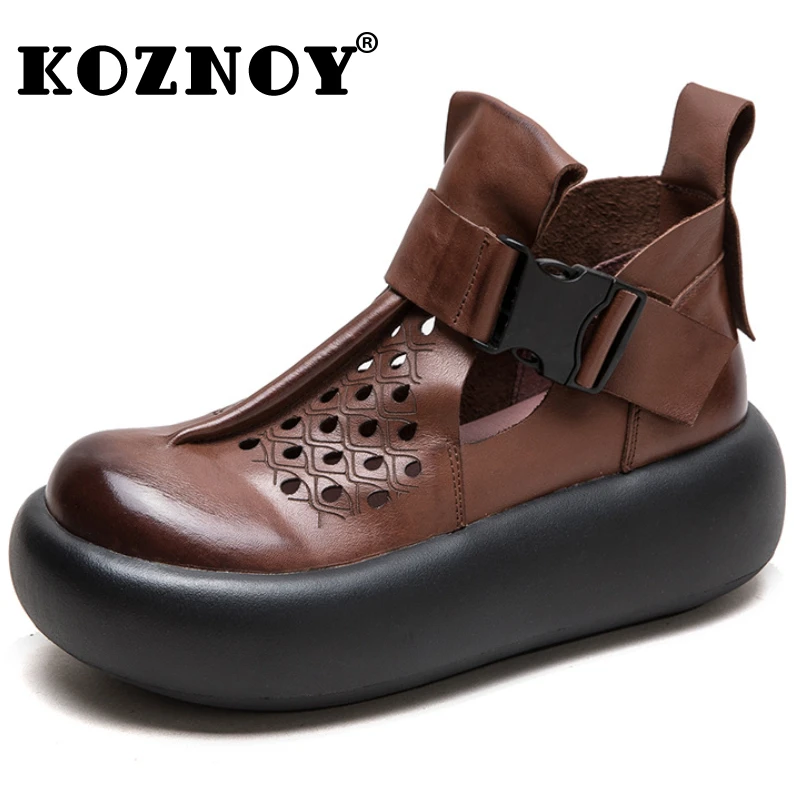 

Koznoy 5cm Cow Genuine Leather Boots Chimney Women Motorcycle Sandals Hollow Ankle Booties Moccasins Buckle Fashion Summer Shoes