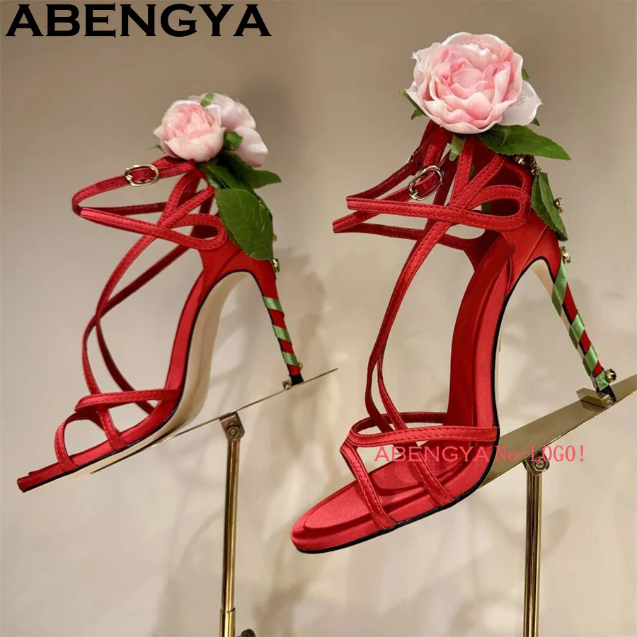 زهرة الورد الجنية الزفاف صندل كعب عالٍ ضيق النطاق المفتوحة تو الكاحل مشبك صنادل طراز جلاديتور الصيف فستان مثير أحذية Mujer