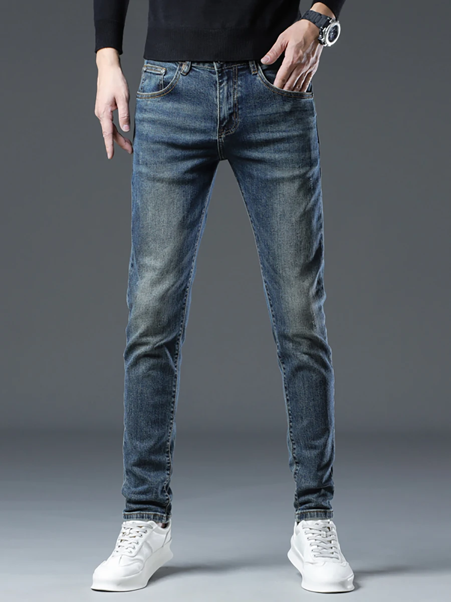 

Мужские джинсы из синего денима в стиле ретро, легкие, роскошные, облегающие, эластичные, высококачественные, повседневные, длинные брюки, осенне-зимняя мода, городской стиль