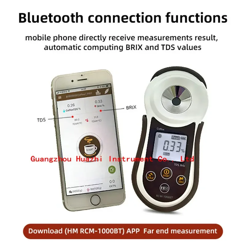 HM 디지털 당 계량기 테스트 RCM-1000BT 커피 BRIX/TDS 농도 계량기 디스플레이, 미니 핸드헬드 커피 굴절계