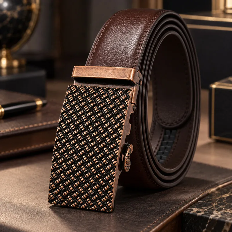Genuine Leather 3.5cm Width Automatic Buckle Belts For Men Luxury Brand Designer Coffee Male Strap Formal Ceinture Homme B997
