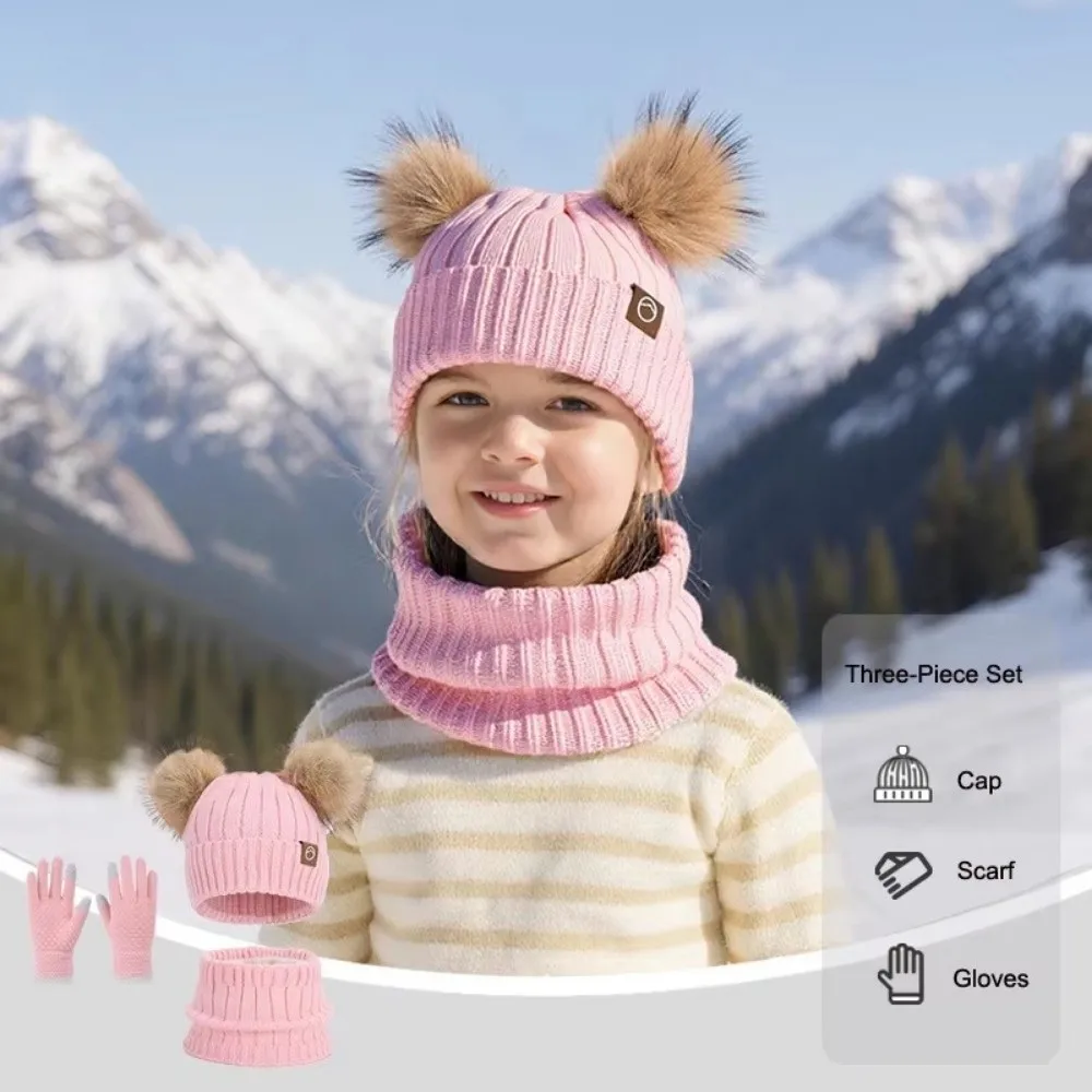 

3Pcs/ Set Fleece Lined Hat Scarf Gloves Set Knitted Cap Thickened Material Children's Beanie Cap Windproof Thermal Protection