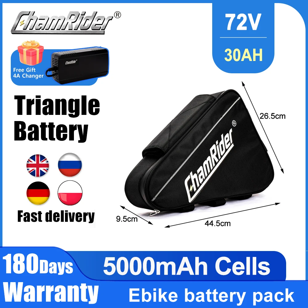 ChamRider 72V Ebike Batteria Triangolo 30AH Capacità enorme 1500W 2000W 3000W Super potente 21700 Bafang