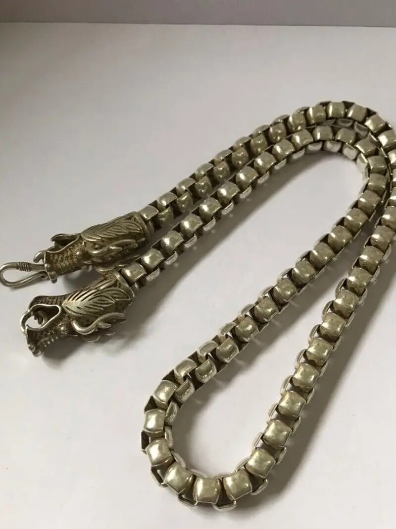 60cm Old Chinese tibet silver handcarved double dragon head Necklace