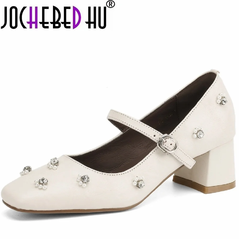 【JOCHEBED HU】Mujeres hechas a mano de cuero genuino adornadas tacones medios vestido de marca zapatos casuales Mary Jane 33-40