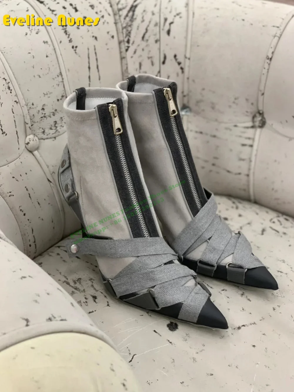 Cross Tied Zip Patchwork Mid Calf Boots 2024 Autumn New Style Buckle Strap Rivet Retro Street Style Women Modern Boot Cool Style