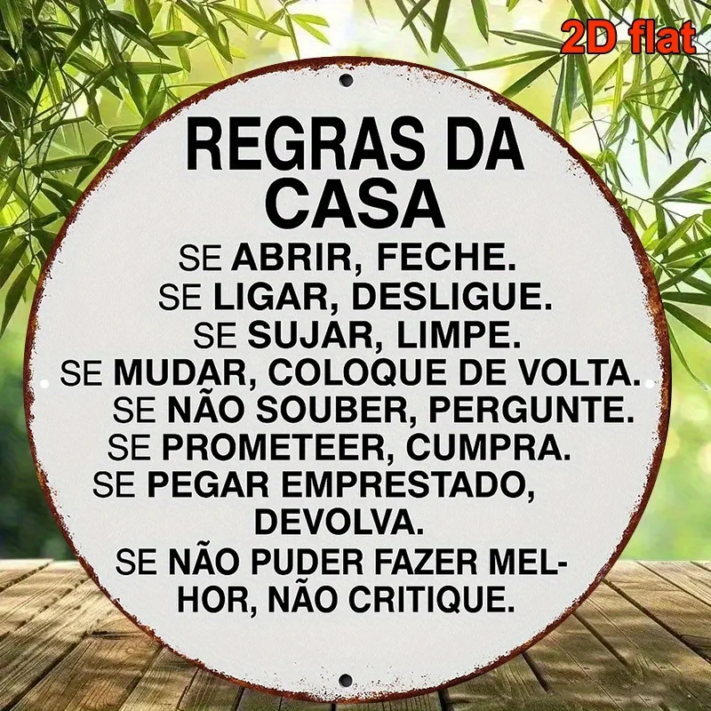 2D Flat, Round Portuguese Sign - Vintage Home Rules Plaque for Living Room, Bedroom, Kitchen, Dining Area, Study & Corridor Deco