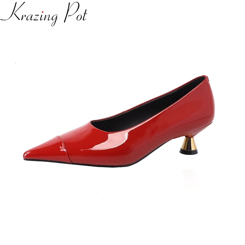 Krazing Pot Cow Leather Strange Style Pointed Toe Spring Shoe Slip on Shallow Brand Wedding Gift Elegant Office Lady Women Pumps