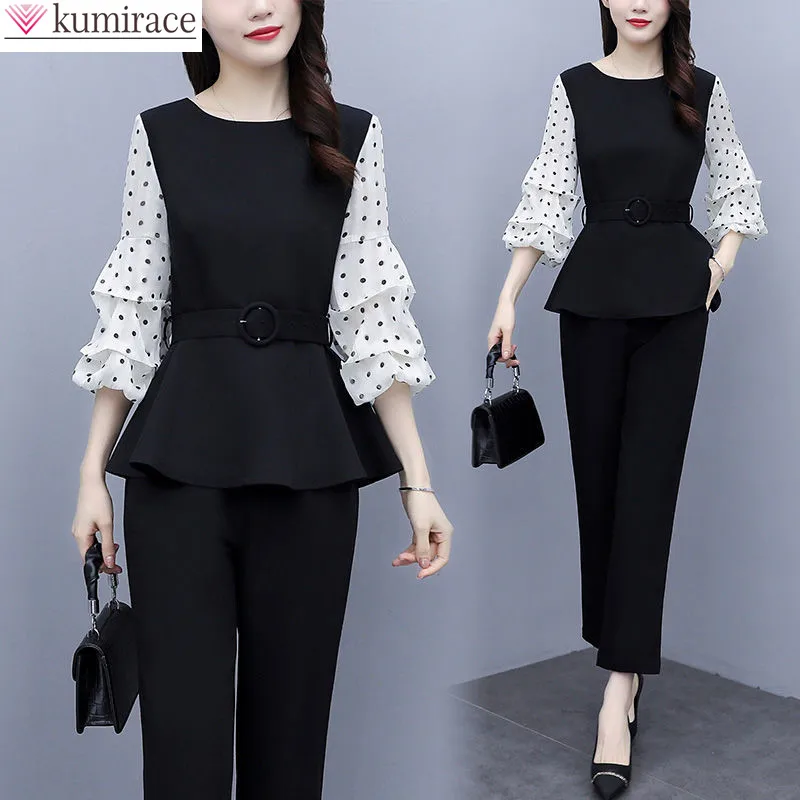 New Waist Closing Slim Wave Point Top Office Professional Harlan Pants Age Reduction 2 Piece Set Temperament Women Suit