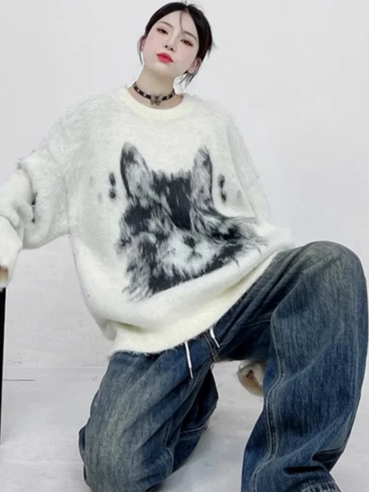 Winter Fur Knit Sweater Oversized Harajuku Grunge Cat Print Femme Streetwear Vintage Sweaters Women Y2k Pullovers Korean Trendy