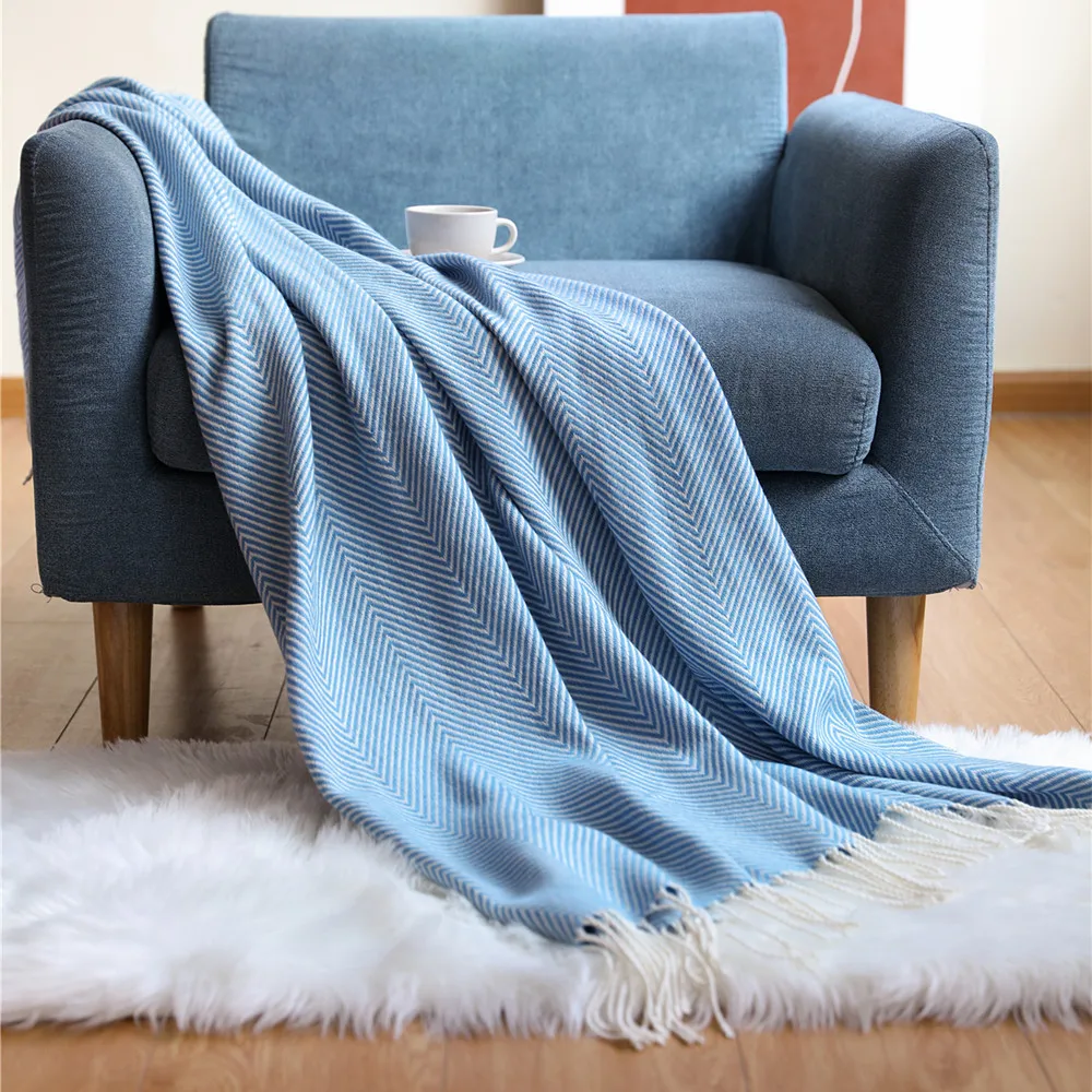 Blue Herringbone Blanket with Chevron Pattern, Turkish Boho Chic Soft Woven Gift Throw Blanket with Decorative Fringe,All-Season