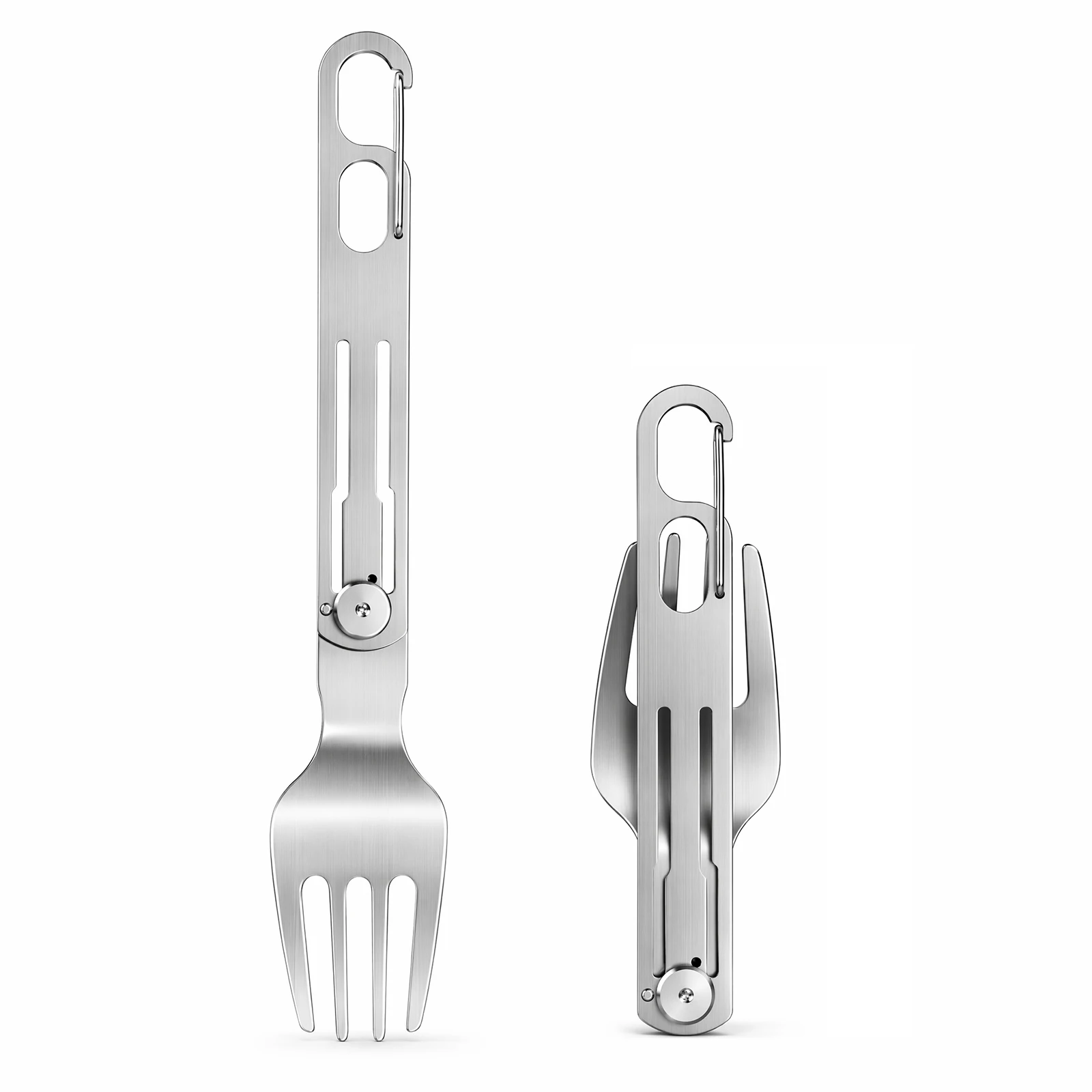 Stainless Steel Travel Utensil with Hanging Loop and Clip Rotating Foldable Spork Lightweight Compact for Outdoor Travel Camping