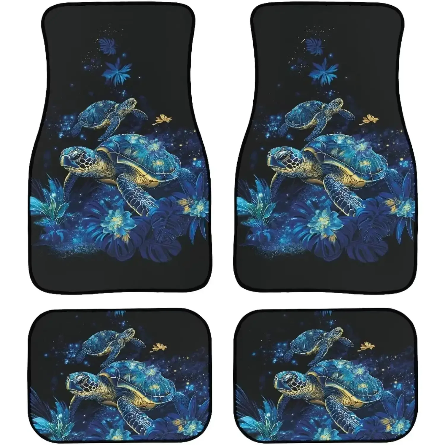 

4pcs Blue Turtle & Floral Print Car Floor Mats - Stylish Black & Blue With Golden Trim, Durable Polyester, All-Weather Protectio