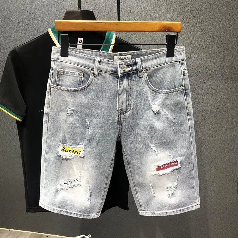 2025년 트렌디 고급 브랜드 남성용 하이엘라스틱 데님 반바지, 여름 얇은 트렌드 패치 자수 하프 워크 하프 팬츠